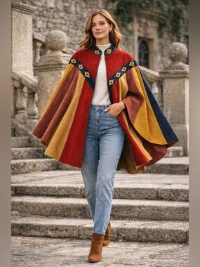 Rare 1960s Leather Colorblock Cape • Retro Western Boho Showstopper